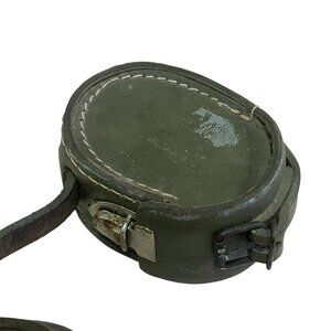 Vintage French Military Compass Case Green Leather Metal Close Wrap Around Strap